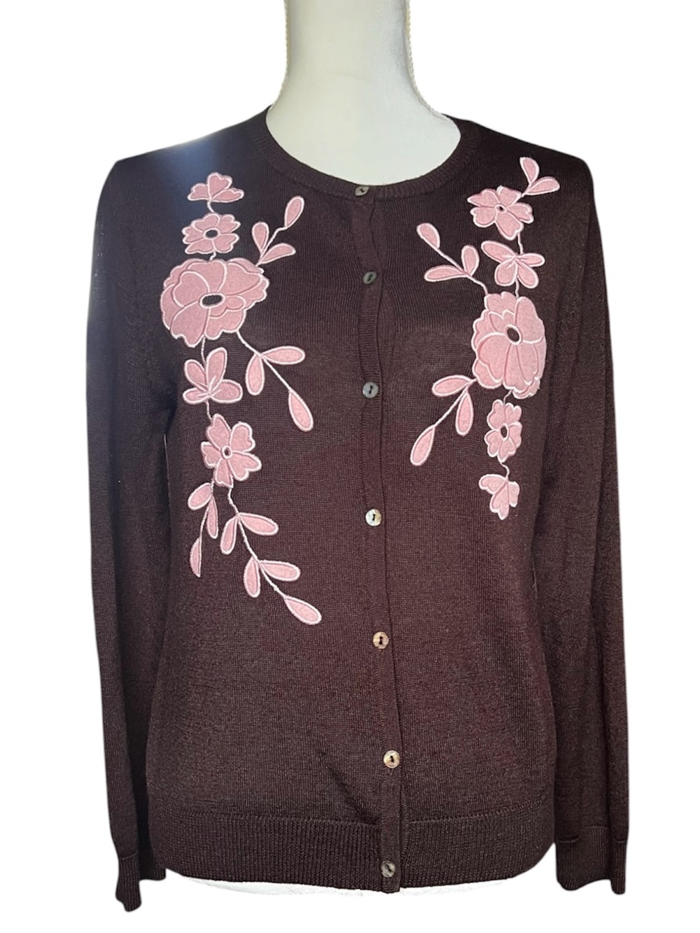 Bob Mackie Floral Embroidered Wool Blend Cardigan Sweater Brown Pink Size L